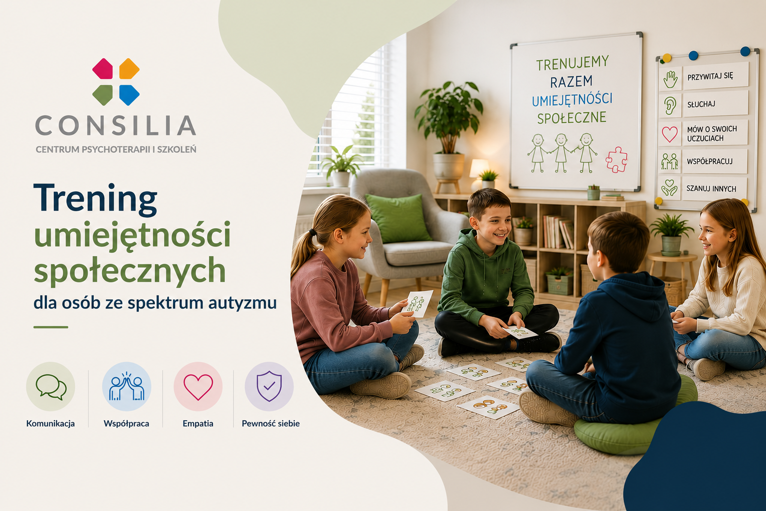 Dzieci ze spektrum autyzmu podczas Treningu Umiejętności Społecznych (TUS) we Wrocławiu uczą się komunikacji i współpracy w grupie.