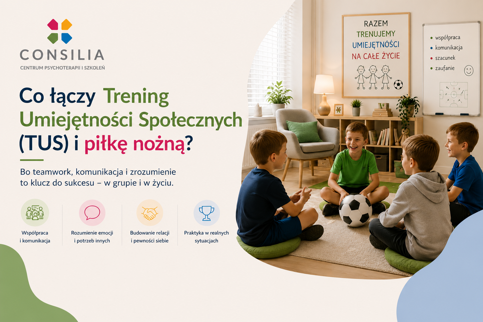 Dzieci ćwiczące współpracę podczas grupowego Treningu Umiejętności Społecznych