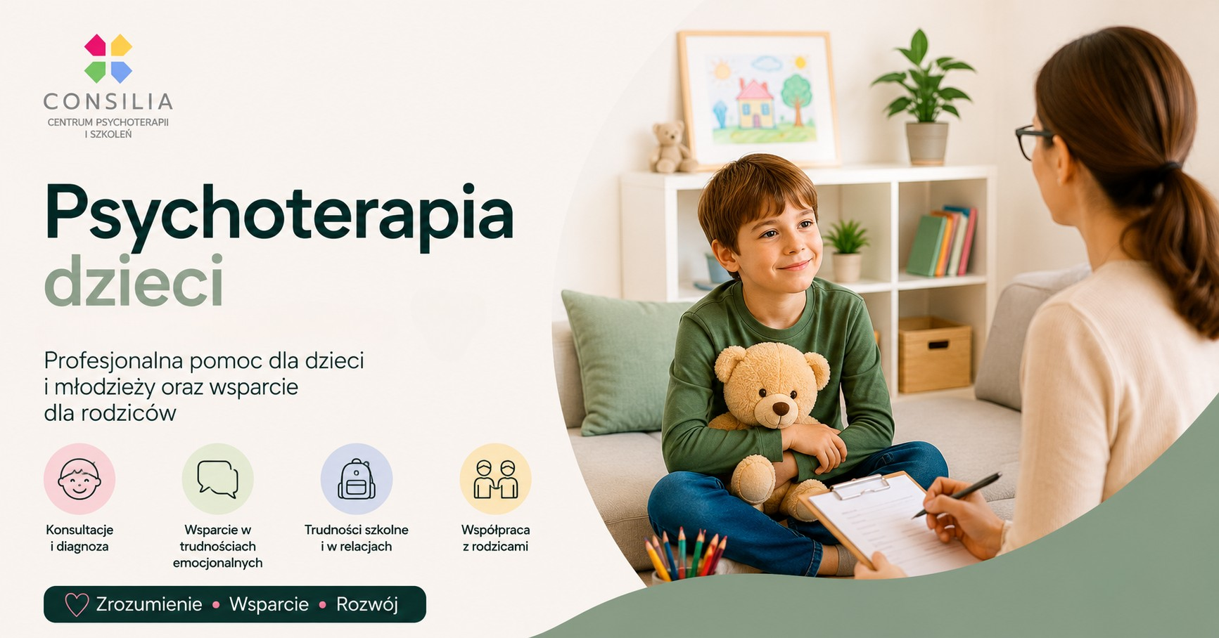 Psycholog podczas spotkania terapeutycznego z dzieckiem