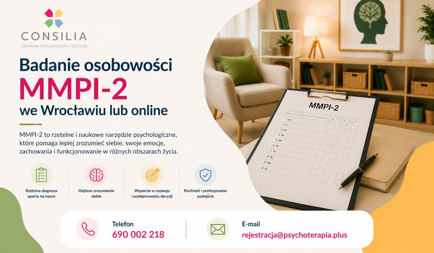 Gabinet psychologiczny z fotelem, regałem i arkuszem testu MMPI-2
