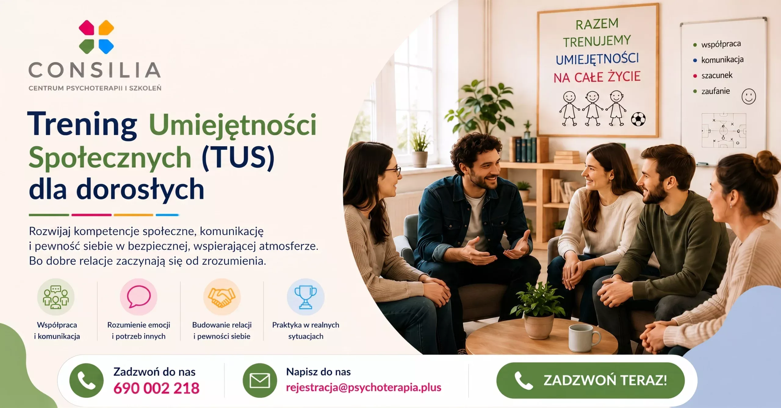 Dorośli uczestnicy Treningu Umiejętności Społecznych w Centrum Consilia we Wrocławiu
